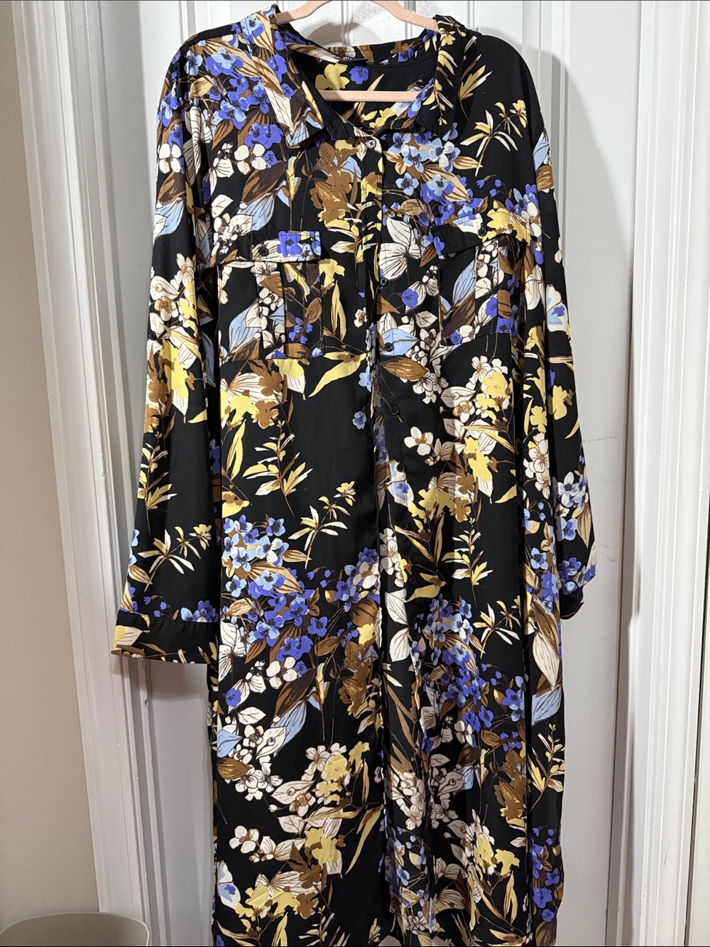 Roaman's Black Floral Button-Front Tunic with Blue & Gold Blooms
